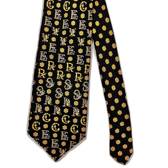 Gianni Versace Black and Gold Silk Tie with Dual Patterns - Picture 3 of 8